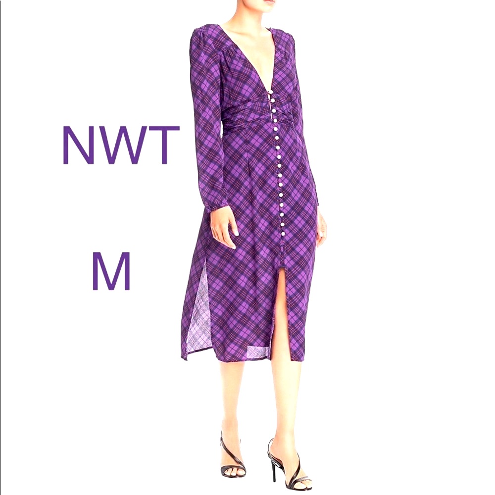 Nwt (M) Rahi Midi Purple Plaid Pearl Button Front Lined Long Chiffon Ruched Puff